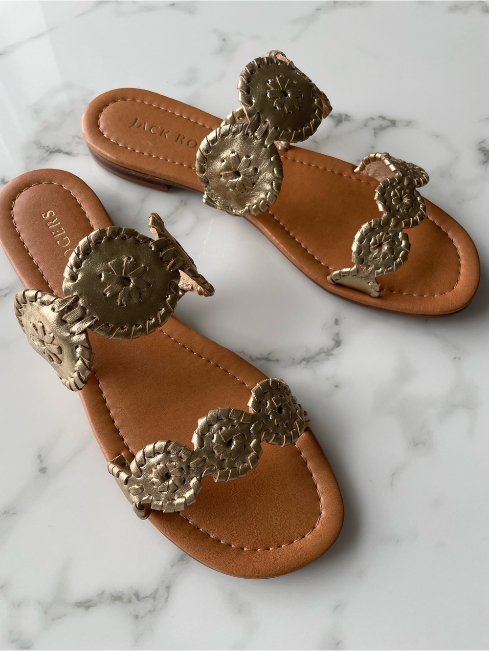 Jack Rogers Laurin II Gold Leather Sandals Flat NEW